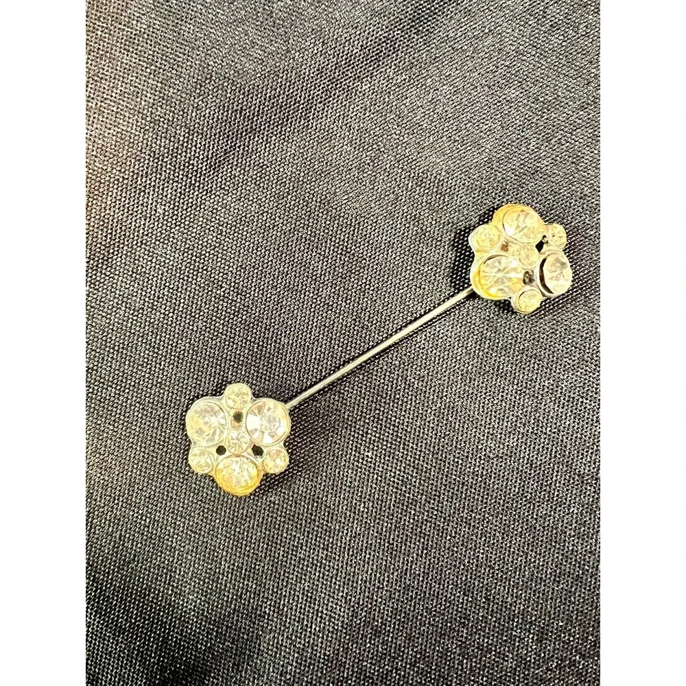 Vintage Rhinestone Collar Pin Silver Tone Double Floral Ends Bar Brooch 2.25